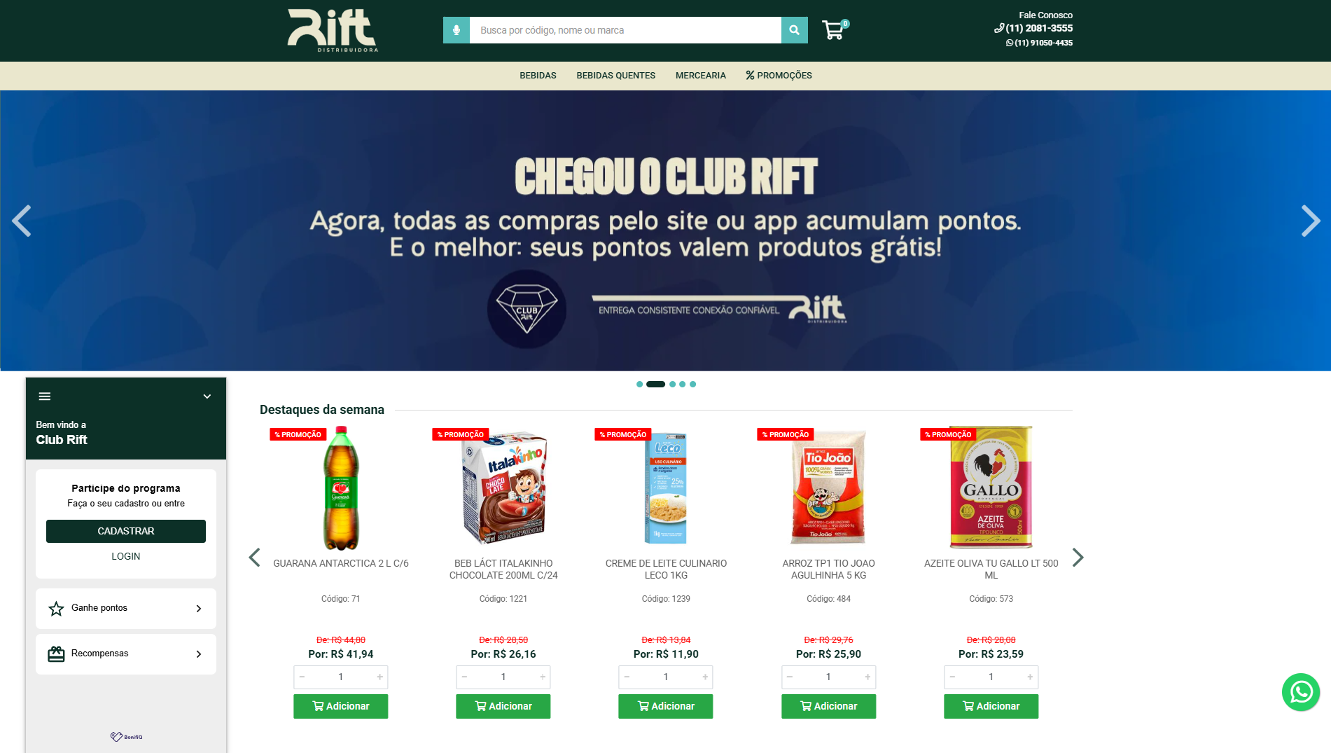 Tela completa do e-commerce da Rift Distribuidora com Club Rift